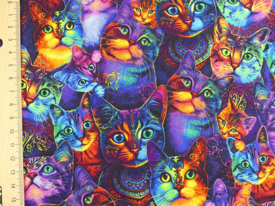 Patchworkstoff mit Katzen in leuchtenden Neonfarben Ansicht mit Maß